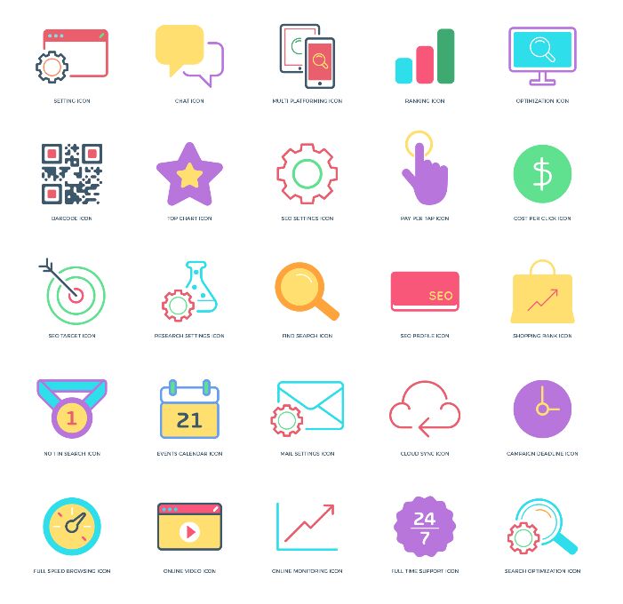 25 Free Flat Fancy Seo Icons 2018