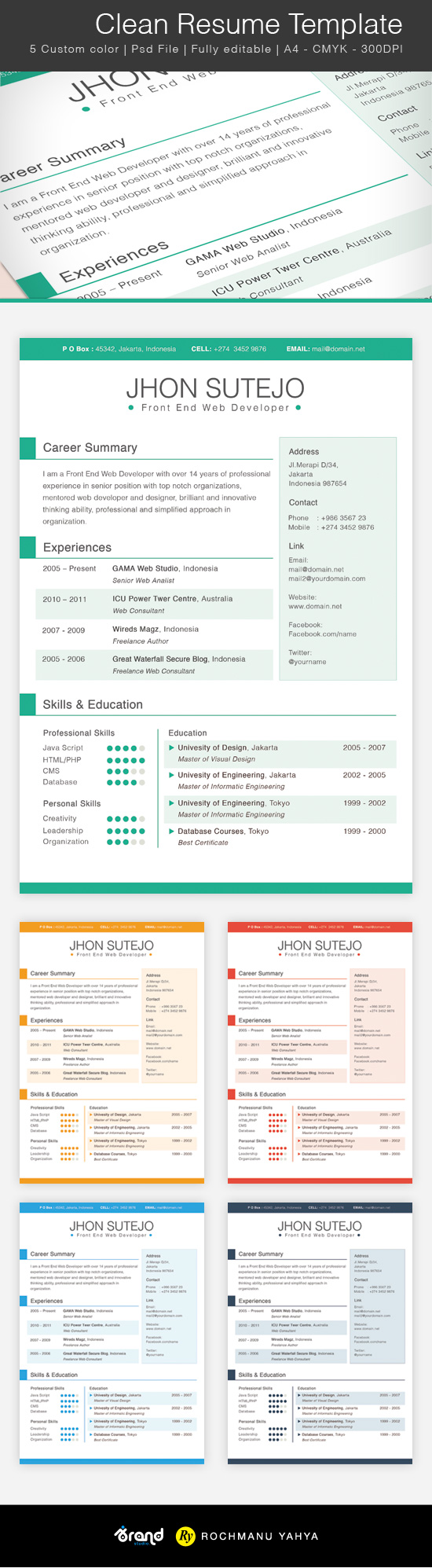 Free Clean Resume Template - 5 Colors