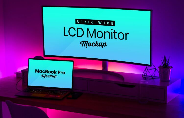 LCD Monitor & MacBook Pro Mockup PSD