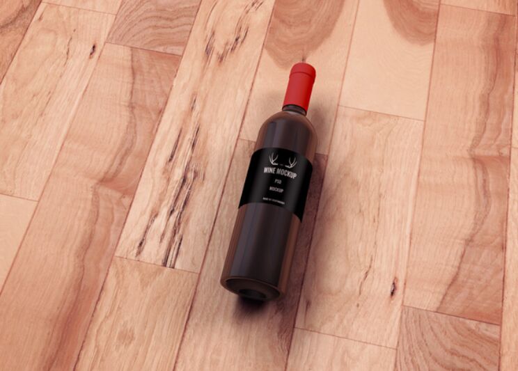 Wine Bottle On Wooden Floor PSD Mockup