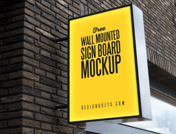 Outdoor Advertising Wall Mounted Sign Board Mockup PSD-min