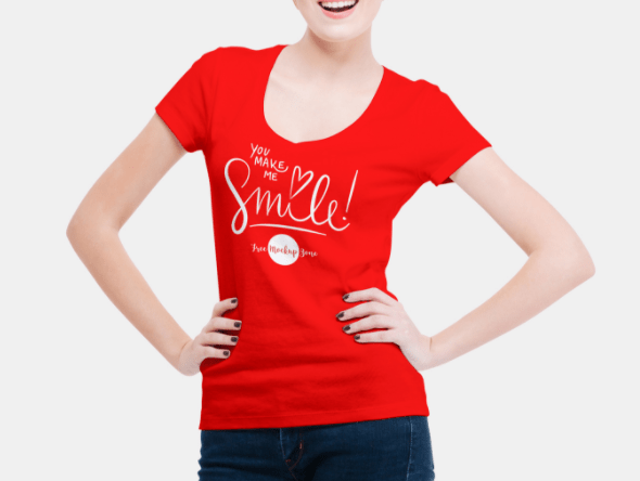 Smiling Woman Wearing V-Shape T-Shirt Mockup